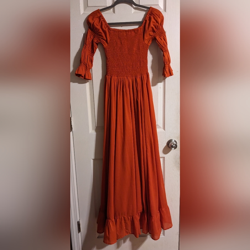 Area Stars Red Maxi Dress SCotton 3/4 Sleeves Smocked Cottagecore